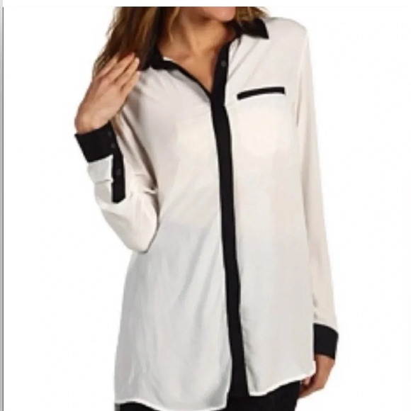 FREE PEOPLE Portfolio Sheer Long Sleeve Button Up Tuxedo Piped Trim Blouse Sz M - Picture 1 of 10